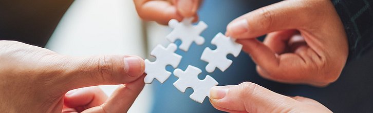 Viel Hände die jeweils ein Puzzleteil hochhalten