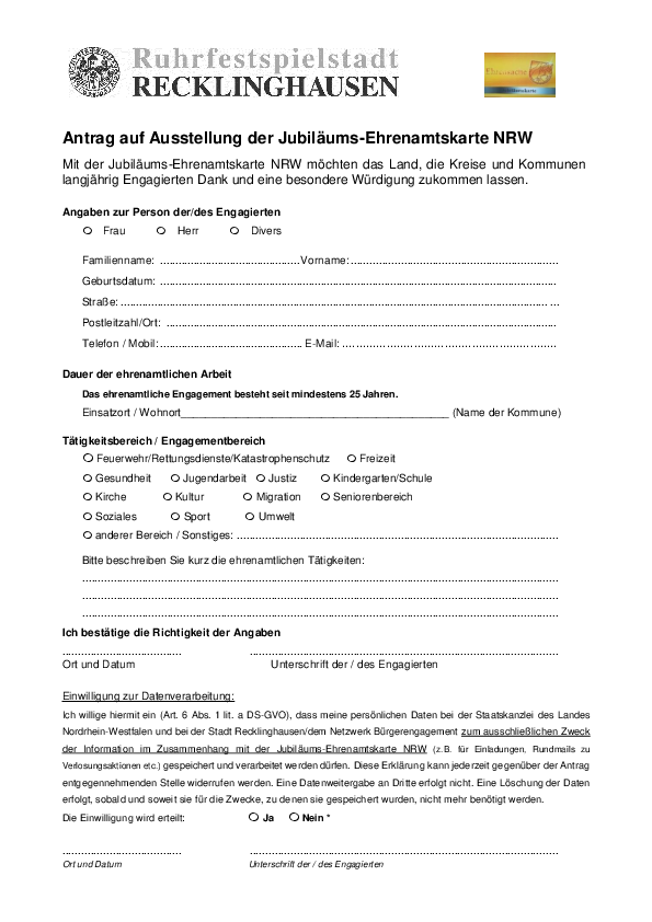 Antragsformular Jubiläums-Ehrenamtskarte
