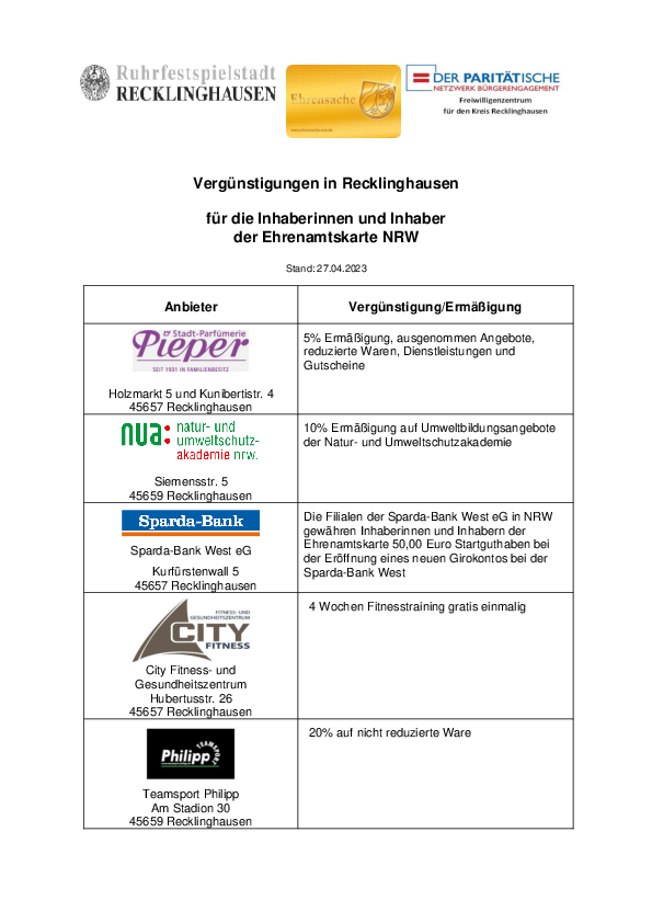 Vergünstigungen Ehrenamtskarte Recklinghausen